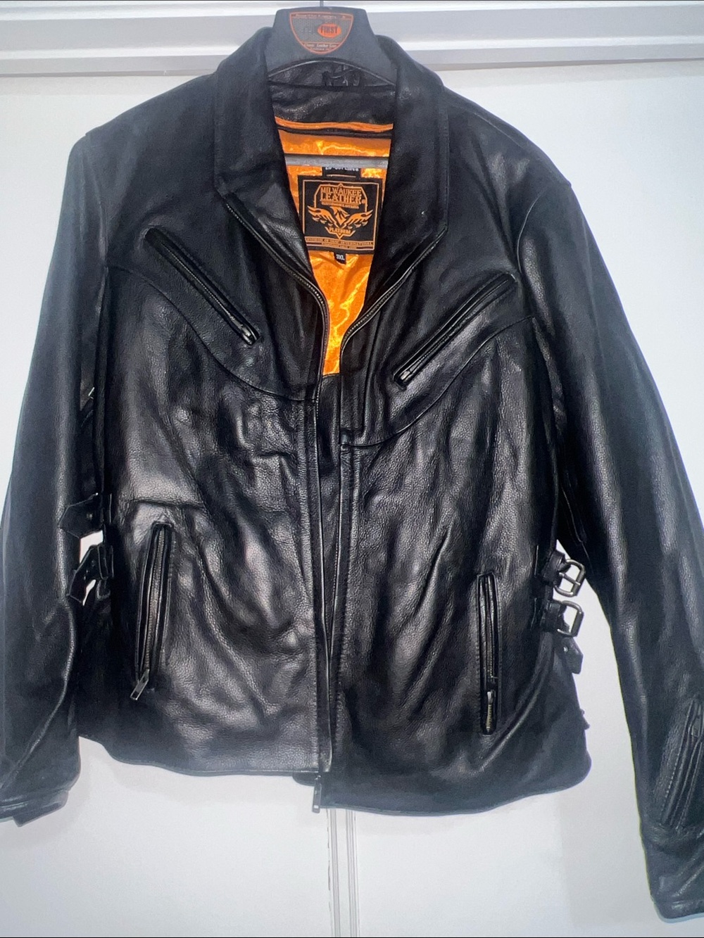 Men's Black Leather Bomber Jacket with Orange Lining